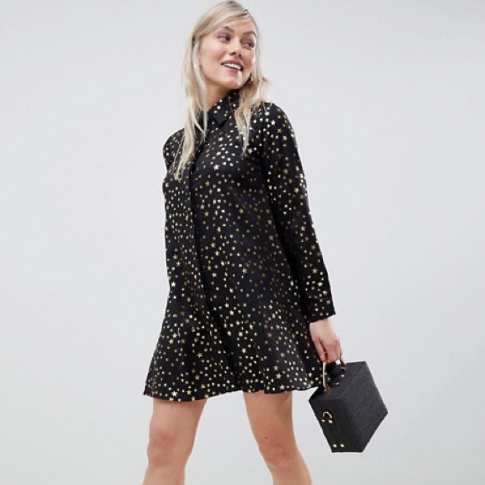 Black & Gold Star Petite Button Shirt Dress